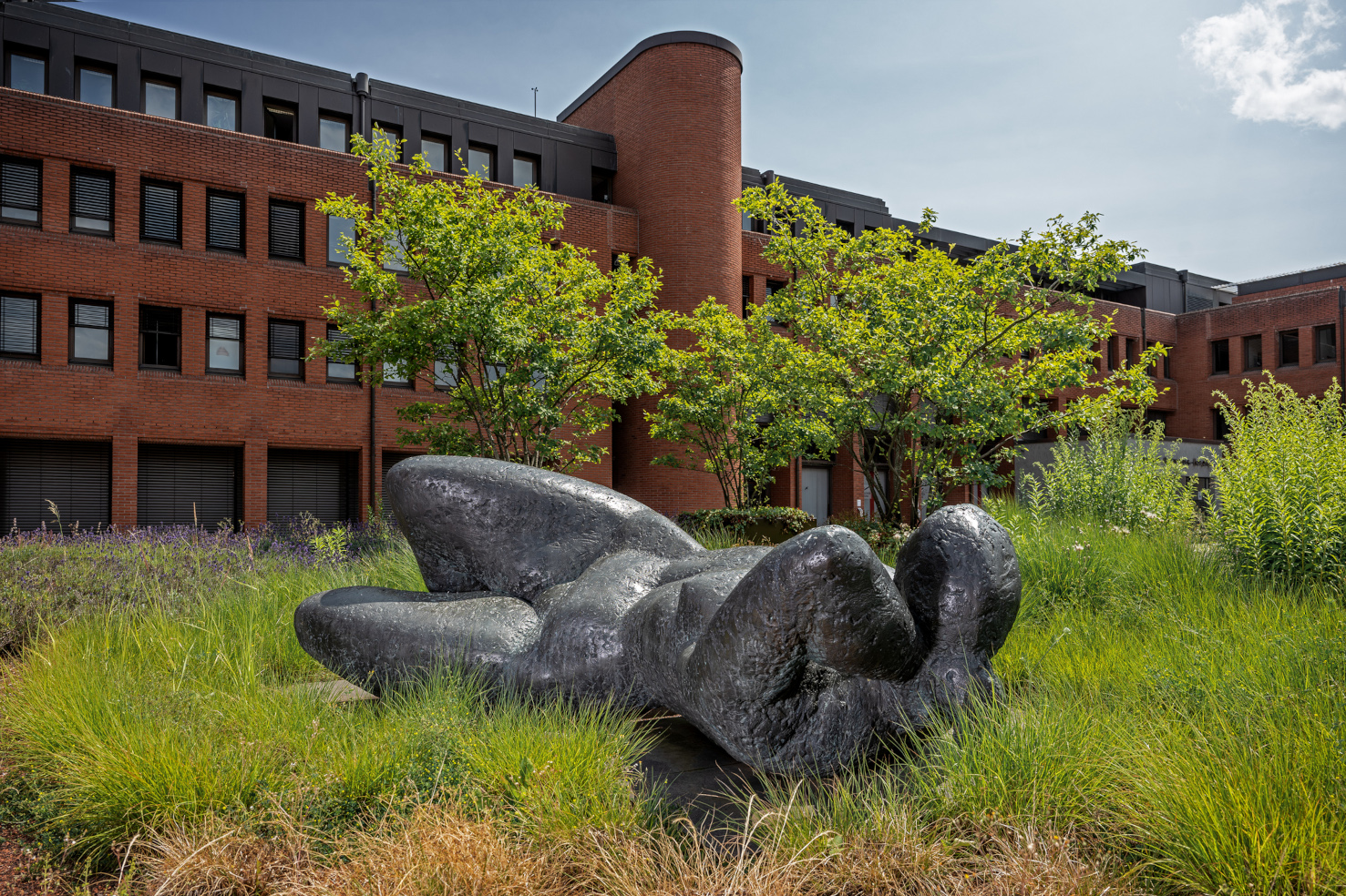 Das Foto zeigt eine Bronzeskulptur einer liegenden Frau in der Wiese vor dem Landrausamt in Hofheim am Taunus